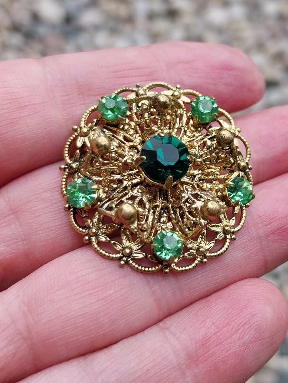 Vintage Gold-Tone Brooch with Deep Emerald and Light Green Stones
